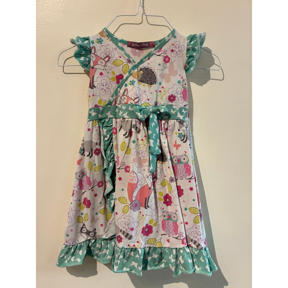 Jelly the Pug Kids Mischa Dress Magical Woodland Fox Owl Ruffle Size 3